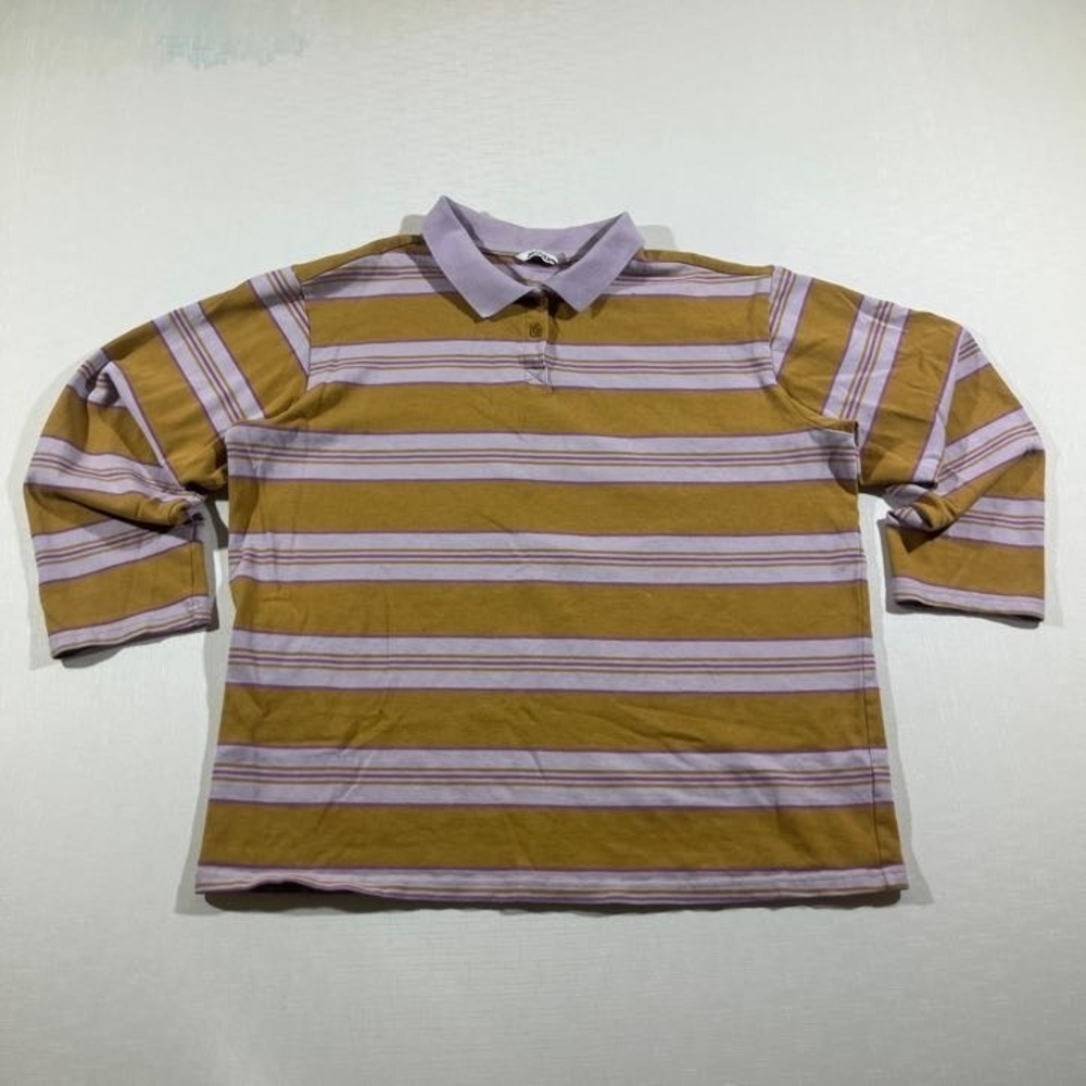 MONKL Polo Shirt Sz M Women Yellow Purple Long Sleeve Stripe Pastel Preppy Retro